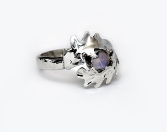 Unique sterling silver oak leaf and rainbow moonstone ring. Hand forged from silver wire and sheet.  Created to order in Cornwall, UK.