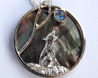 Wolf and Moon Pendant,  Moonstone Pendant, Sterling Silver, Black Lip Pearl, Custom made