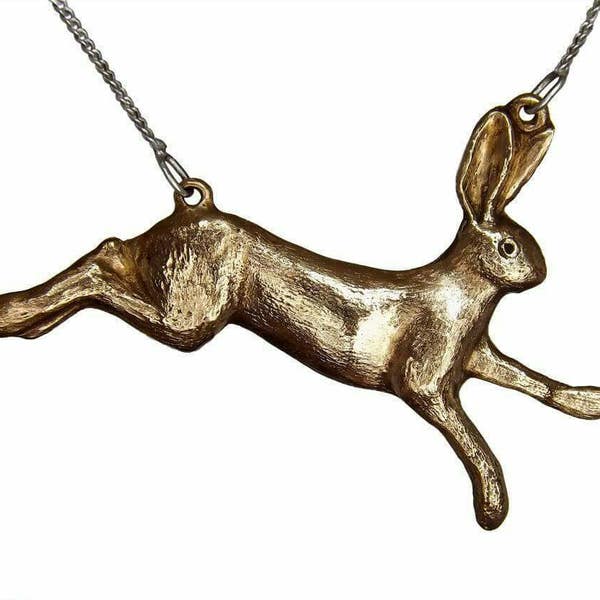 Bronze Running Hare Pendant with a Cubic Zirconia Eye