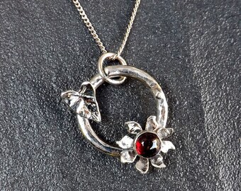 Handcrafted Sterling Silver Flower Garnet Pendant  And Ivy Leaf On A Sterling Silver Chain, Custom Made, UK