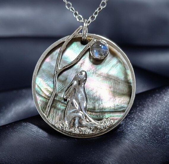 Handcrafted Moon Gazing Hare Pendant in Fine and Sterling Silver and Featuring A Rainbow Moonstone. Hand Cast and Forged in Cornwall UK