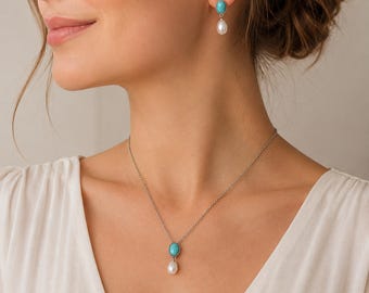 Turquoise Pearl Necklace Earrings Set, Freshwater Pearl Jewelry, Dainty Gold Silver Set, Elegant Gift for Her