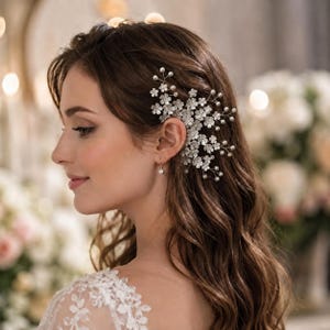 Bridal Pearl Ear Climber, Floral Ear Cuff for Bride, Wedding Ear Jewelry, Pearl Flower Earrings, Romantic Bridal Gift