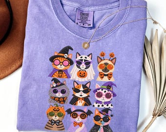 Halloween-T-Shirt mit Katzenmotiv, gruseliges Herbst-T-Shirt mit Print von Comfort Colors, Vintage-Kostüm für Katzenliebhaberinnen, Geschenkidee für Hexen und Tierliebhaberinnen, gemütliches Herbst-Outfit