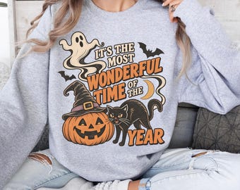 Vintage Halloween Sweatshirt UNISX Retro Halloween Crewneck 90s Spooky Black Cat Hoodie Witchy Pumpkin Most Wonderful Time Witchy Fall Shirt