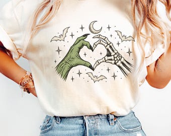 Comfort Colors® Halloween Skeleton Heart Hands T-Shirt, Spooky Hand Love Shirt, Cute Spooky Season Tee