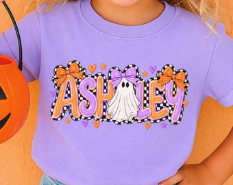 Halloween Shirt - Girls Halloween Outfit – Personalized With Name – Cute Fall Kids Tee - Checkered Ghost tshirt - Preppy Girls Shirt