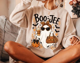 Boo-Jee Halloween Sweatshirt, Coquette Ghost Crewneck, Leopard Bow Graphic Sweatshirt, Cute Spooky Season Gift For Her,AS-2679