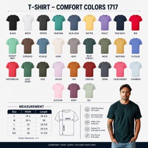 以下が含まれることがあります： Comfort Colors 1717のTシャツカラーチャート。黒、白、赤、青、緑など31色の半袖Tシャツが並んでいます。サイズ表にはSから2XLまでのサイズが記載されており、幅は46cmから66cmまで、それぞれの着丈が示されています。