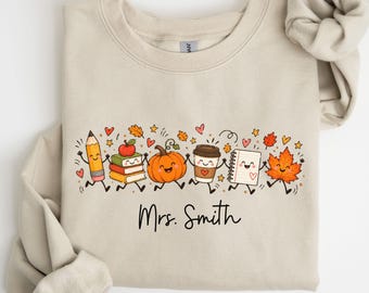 Personalized Autumn Teacher Sweatshirt, Fall School Doodles Shirt, Cute Spooky Teacher Tee, Custom Name Teacher Shirt, Fall Teacher Sweater