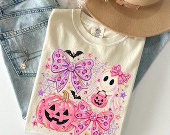 Comfort Colors® Cozy Pink Halloween Bow T-Shirt, Cute Ghost Pumpkin Shirt, Spooky Season Coquette Tee
