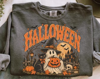 Halloween-Geister-Sweatshirt, Vintage-Halloween-Shirt, Gothic-Pullover mit Kürbis, Hexe und Katze, Spooky Fall Comfort Colors Pepper Pullover