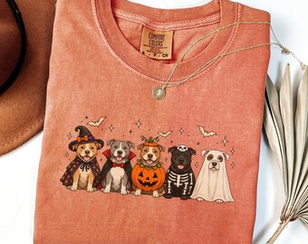 Comfort Colors® Halloween Pitbull Shirt, Spooky Pitbull Ghost Dog Shirt, Pit Boo Costume Tee, Pumpkin Dog Shirt, Cute Pittie Dog Mom Tee