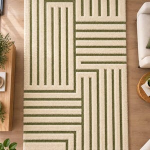 Hand Tufted Green and Cream Geometric Rug, Modern Abstract Area Carpet, Maze Pattern Rug for Living Room Bedroom Decor