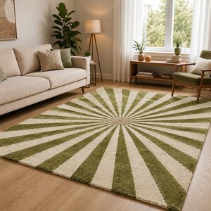 Hand Tufted Green & Cream Sunburst Rug, Modern Geometric Wool Area Carpet, Radial Pattern Living Room Rug, Contemporary Handmade Decor