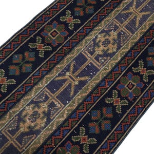 May include: A rectangular runner rug featuring a dark navy blue background with a central band of tan and blue geometric motifs. The border displays repeating floral patterns in green, red, and blue, framed by a zigzagging red and blue line.