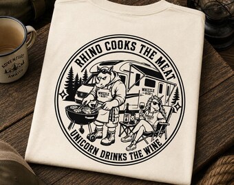 Funny Camping Couple T-Shirt: Rhino Cooks The Meat Tee