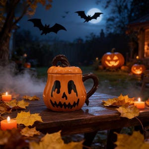 May include: A ceramic mug shaped like a jack-o'-lantern with a glossy orange finish and a dark brown handle and lid. The mug features a black painted face with a jagged mouth and hollow eyes, set against a dark outdoor scene with autumn leaves.