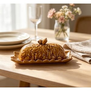 Mantequera de cerámica con relieve personalizado de hoja de arce, mantequera con tapa y bellota de otoño hecha a mano, decoración de mesa nórdica otoñal personalizada, regalo de cocina.