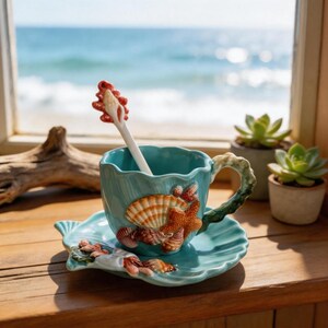 Conjunto de canecas de cerâmica personalizadas em 3D com conchas e estrelas-do-mar, xícara de chá turquesa com pires em formato de peixe e colher de coral, ideal para um café da tarde com estilo náutico.