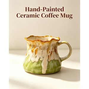 Hand Thrown Drip Glaze Ceramic Coffee Mug, Wavy Rim Artisan Tea Cup, Unique Irregular Pottery Cup, Gift for Coffee Lovers, Home Decor Mugs