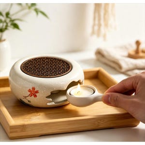 Peut inclure: Un chauffe-huile en céramique ronde blanc cassé moucheté, orné d'un motif floral rouge peint et d'un couvercle en treillis métallique brun foncé. Une petite poignée en céramique assortie contient une bougie chauffe-plat blanche allumée.