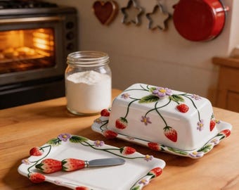 Burriera in ceramica personalizzata, dipinta a mano e decorata con motivo a fragole in rilievo, completa di coperchio e coltello.