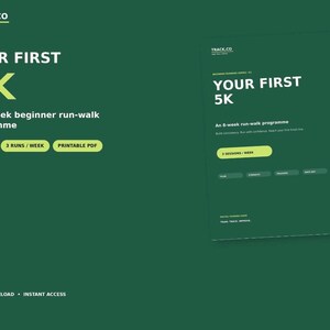May include: A dark green digital document titled YOUR FIRST 5K, an 8-week beginner run-walk programme. The layout includes text indicating 47 pages, 3 runs per week, and printable PDF format. The design features light green accents and text.