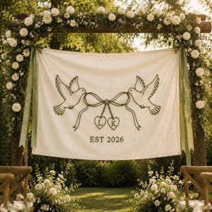 Custom Initials Embroidered Wedding Banner, Hand Guided Chain Stitch Ceremony Backdrop, Personalized Wedding Sign,  Wedding Reception Decor
