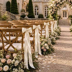 May include: A row of wooden cross-back chairs with white seat cushions, each adorned with a long, cream-colored satin ribbon tied in a bow. The chairs are arranged on a gravel path, decorated with clusters of white and pink roses and greenery.