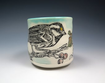 Black-throated Gray Warbler Ceramic Teabowl, 10oz, Hand-sculpted and Handpainted Pottery Tea bowl, Bird Pottery, Unique Pottery Cup
