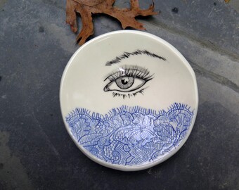 Unique Handpainted Eye Dipping Dish, Hand Drawn Pottery Dish, Original Ceramic, Hand built Porcelain Ring Dish, Trinket Dish, Teabag Holder
