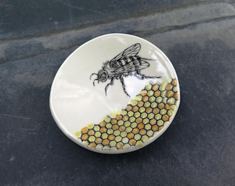 Hand-Painted Honey Bee Dipping Dish, Original Art Ceramic, Hand built Porcelain Ring Dish,  Bee Lover Gift