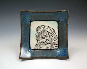 Handmade Ceramic Parakeet Art Dish, Original Illustration Pottery Plate, Trinket Dish, Ring Dish, Small Plate, Decorative Animal Dish