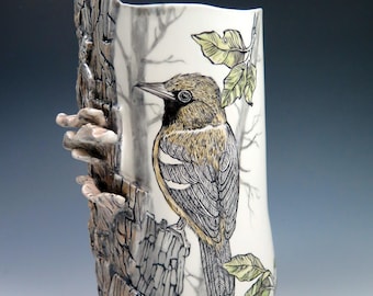 Handmade Oriole Woodland Sculpture Vase, Hand Drawn Pottery, Animal Pottery, Fine Art Ceramic Vase, Nature Inspired, Woodsy Home Decor
