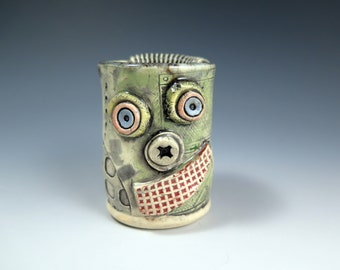 Crusty Little Robot Cup, 4oz, Handmade Clay Robot Sculpture, Unique Pottery Cups, Sake Cup, Espresso Cup, Tea Cup, OOAK