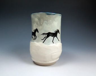 Ceramic Running Horses Art Tumbler, 15oz, Porcelain Cup, Hand Drawn and Hand Painted Pottery, Unique Horse Lover Gift