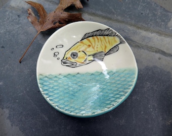 Ceramic Fish Dipping Dish, Handpainted and Hand Drawn Pottery Dish, Original Art Ceramic, Hand built Porcelain Ring Dish, Pottery Plate