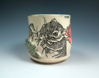 Handmade Ceramic Gerbil Teabowl, 10oz, Unique Hand Drawn Pottery Teabowl, Fine Art Ceramic Cups, Collage Style Pottery