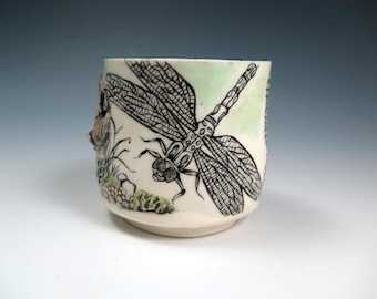 Hand Drawn Porcelain Dragonfly Art Teabowl, 6oz, Handpainted and Hand drawn Pottery, Unique Tea Cup, Original Art Tea bowl, Insect Lover