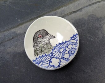 Ceramic Pigeon Dipping Dish, Handpainted and Hand Drawn Pottery Dish, Original Art Ceramic, Handbuilt Porcelain Ring Dish, Trinket Dish