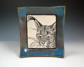 Hand crafted Ceramic Caracal Dish, Original Art Pottery, Decorative Plate, Unique Home Decor