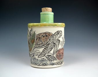 Handmade Sea Turtle Ceramic Flask, Hand Drawn and Handpainted Pottery, Original Art Flask, Ceramic Bottle, Beach Lover Gift, OOAK Pottery