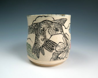 Handmade Ceramic Hummingbird Teabowl, 10oz, Unique Hand Drawn Pottery Teabowl, Fine Art Ceramic Cups, Original Bird Art