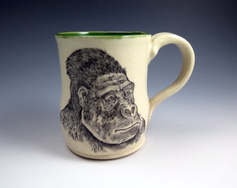 Handmade Gorilla Pottery Mug, 15oz, Original Illustration Art Mug, Nature Lover, Unique Coffee Mug, Handpainted Ceramic Mug, Animal Mug