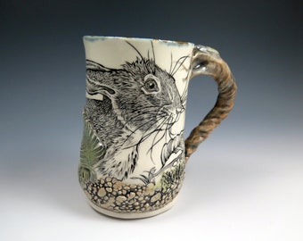 Woodland Hare Porcelain Art Mug, 18oz, Hand Drawn Pottery Mug, Easter Gift, Unique Coffee Lover Mug, Handpainted Ceramic Rabbit Mug