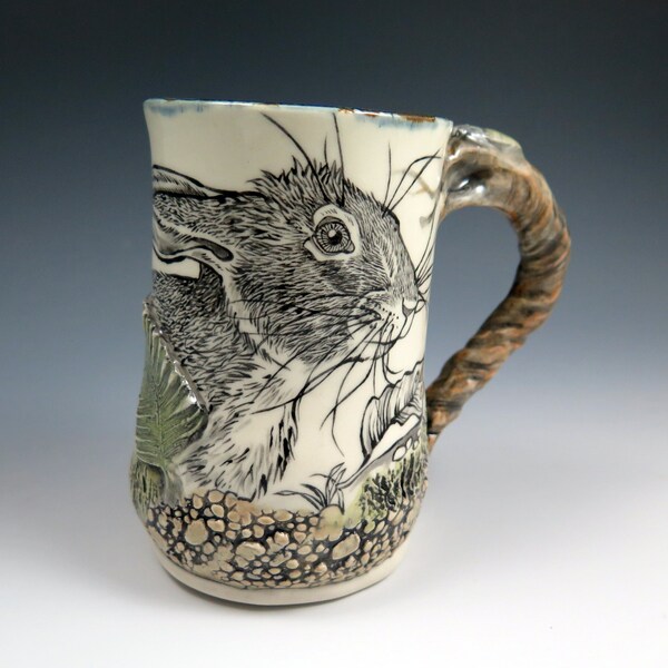 Woodland Hare Porcelain Art Mug, 18oz, Hand Drawn Pottery Mug, Easter Gift, Unique Coffee Lover Mug, Handpainted Ceramic Rabbit Mug