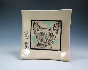 Sphinx Cat Trinket Dish, Handmade Pottery Dish, Ring Dish, Cat Lover Gift, Handpainted Cat, Ceramic Dish, Cat Drawing, Home Decor, Plates