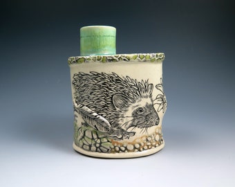 Handmade Ceramic Hedgehog Flask, Unique Hand Drawn Pottery Flask, Ceramic Bottle, Animal Lover Gift,