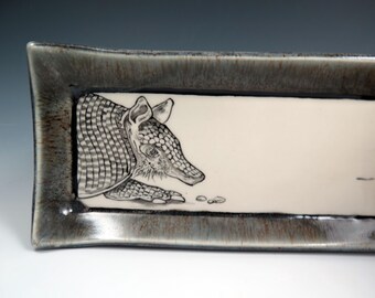 Unique Handbuilt Ceramic Armadillo Tray, Sushi Dish, Decorative Plate, Home Decor, Hand-painted Tray, Animal Lover Gift